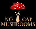 Logo with a red mushroom and text 'No Cap Mushrooms' on a black background